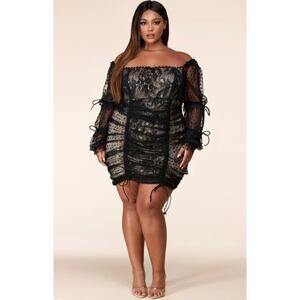 NWT L'atiste by Amy Black Nude Ruched Lace Mesh Long Sleeve Mini Dress- Size 1X